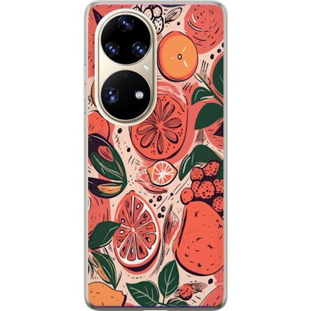 Kompatibel Mobilcover til Huawei P50 Pro Håndtegnet collage af citrusfrugter, blade og bær i varm lyserød og orange farveskala