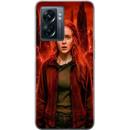 Kompatibelt Mobilskal till OnePlus OnePlus Nord N300 Porträtt av en ung kvinna med rött hår i en apokalyptisk landskap, röda blixtar och mörka kl