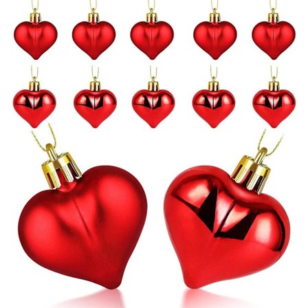12 røde hjerteformede julekugler, blank og mat finish, perfekte til Valentinsdagsdekorationer.