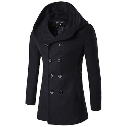 Vinter Solid Color Pea Coat Ull Män, Varmt Huvudslimmade Jackor