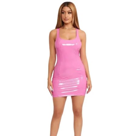 Dame Faux Læder Bodycon Mini Kjole Firkantet Hals Justerbar Rem Latex Kjole Natklub Festtøj (pink M)