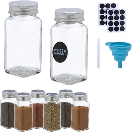 Kryddburkar set om 8, ströinsatser, glasburkar, 120 ml, inklusive etiketter, penna och tratt,