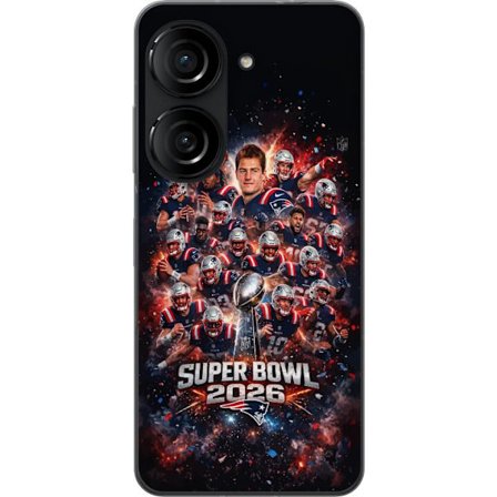 Yhteensopiva Puhelinkuori Asus Zenfone 10 Super Bowl 2026 juliste, jossa New England Patriots ja NFL-mestaruuspalkinto räjähtävän urheilullisessa suun