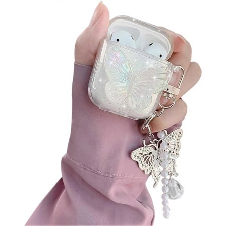 AirPods Skal med Glitterfjärilsdesign för Tjejer, Mjukt TPU-skydd för AirPods 2 & 1 (Fjäril)
