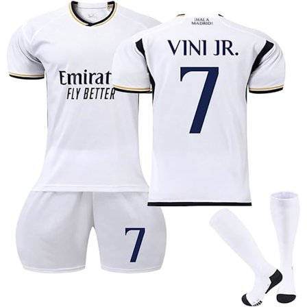 23/24 Ny Sesong Hjemme/Borte Fotballdrakter Shorts Sokker Sett for Barn/Voksne, Nr. 5 Bellingham, Nr. 7 Vini Jr, Fotballdrakt