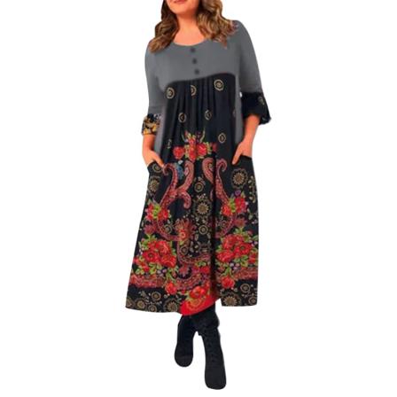 Kvinnor Lös Klänning O-hals Långärmad Party Casual Blommor Print