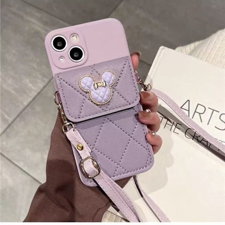 Fodral för iPhone16Plus [Lila] Diamant Mickey Mouse Huvud Korthållare Crossbody ins Plånbok Mjuk med
