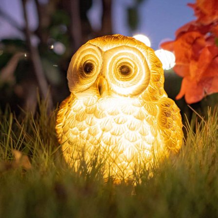 Harpiksugle hagestatue solcellelampe, dyreskulptur for innendørs og utendørs dekorasjon, hageplen ornament vanntett dyredekorativt ornament