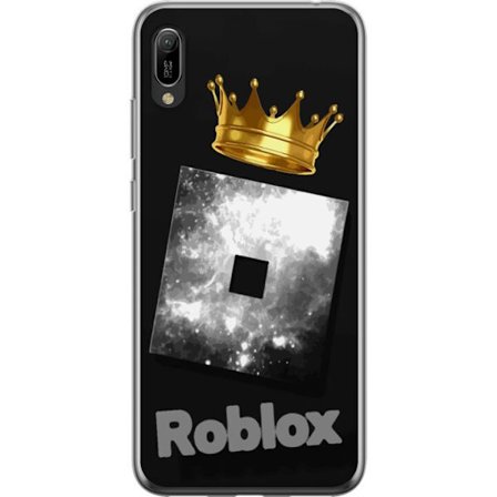 Kompatibelt Mobildeksel til Huawei Huawei Y6 Pro (2019) Minimalistisk svart og sølvfarget Roblox-symbol med gylden krone og luksuriøs gamer-estetikk