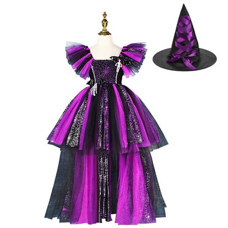 Disney Heks Kostume Piger Lilla Mesh Slæbende Kjole Maleficent Deluxe Piger Fancy Halloween Fest Børns Rollespil Kostume 01-WELLNGS Witch Sets 01 10-