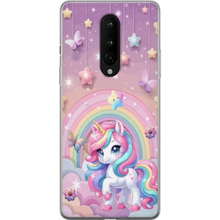 Kompatibel Mobilcover til OnePlus 8 Magisk enhjørning med regnbue manke, stjerner og sommerfugle mod en pastelfarvet himmel med skyer