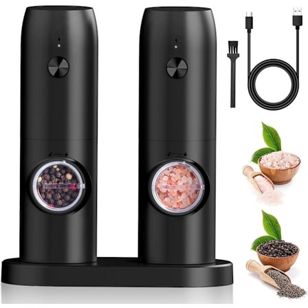Elektrisk Salt- og Peberkværnsæt, 2 stk. USB Genopladeligt Sæt Justerbar Grovhed med Base
