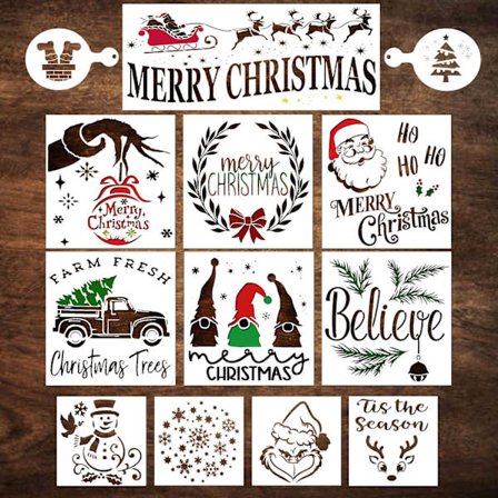 Jule Stencils til maling på træ – Store Glædelig Jul Stencils til genanvendelige håndværk - Sæt inkluderer Gnome & Snefnug - DIY ferieskabeloner