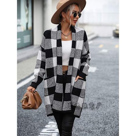 Mub- 2023 jacka lös rutig färgblock stickad kofta mode tröja dam