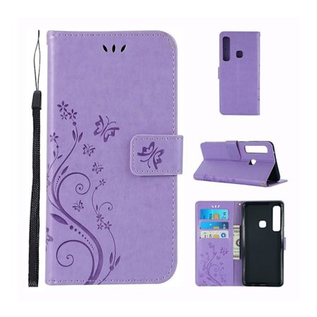 Samsung Galaxy A9 (2018) kukka ja perhos printti kuviollinen synteetti nahka lompakko kotelo - Violetti