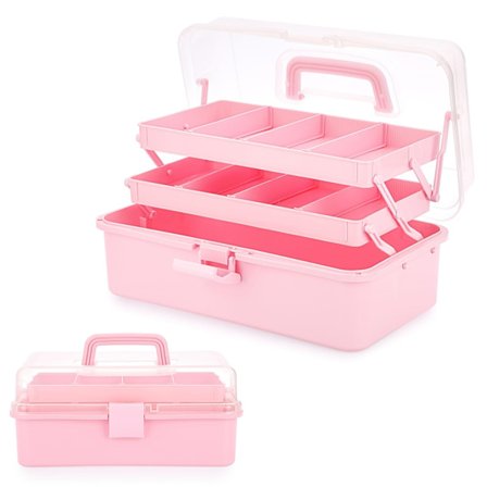 3-lagers rosa plastorganisatör, delad förvaringslåda med distanser, bärbar för konst, sömnad, medicin