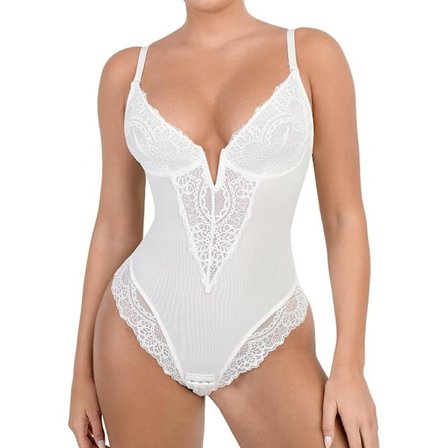Popilush Spetsformare Body Dam V-ringad Mage Body Suit Strängar Vit