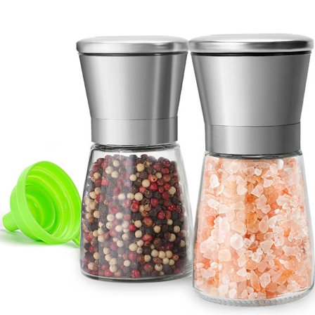 Sæt med salt- og peberkværn i rustfrit stål - Peberkværn og saltkværn med justerbar grovhed - Krydderiglas