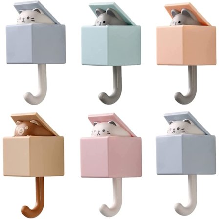 6 kpl söpöjä eläinmuotoisia tarrakiinnitteisiä koukkuihin, vetäytyviä, toimistoon, seinälle, takille