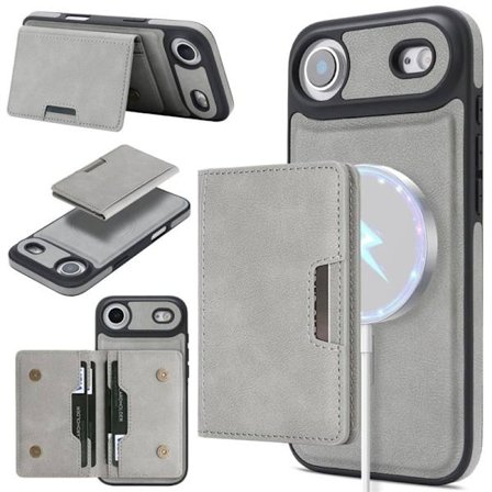 iPhone 17 Pro Air, magneettinen korttikotelo, keinonahkainen puhelinkotelo, harmaa