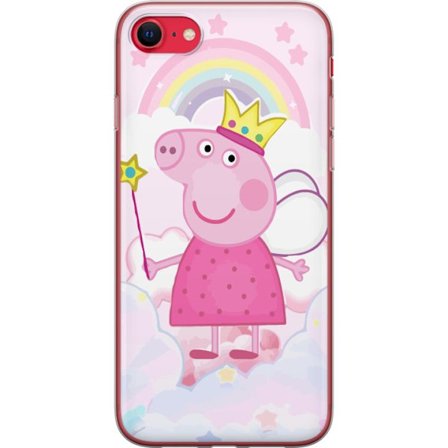 Kompatibel Mobilcover til Apple iPhone SE (2020) Peppa Pig prinsessemotiv med krone, vinger og regnbue, eventyrligt børneillustration på skybaggrund