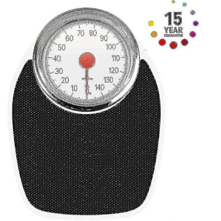 Badevægt i lægestil, mekanisk, retro hvid + sort, præcis vejning, letlæselig analog urskive, robust metalplatform, vejer op til 150 kg