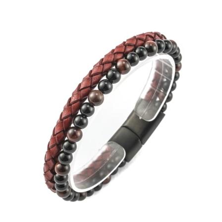 Moderigtigt flettet læderarmbånd i rustfrit stål til mænd Natursten