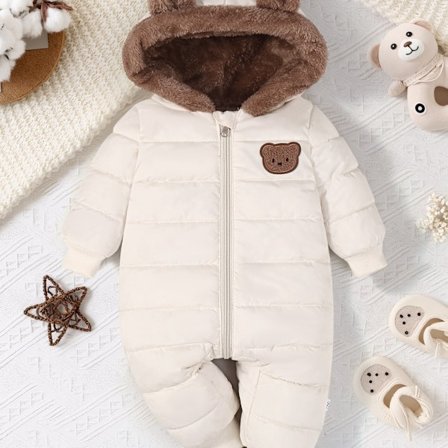 Vinterplysforet sparkedragt til spædbørn, varm og behagelig til leg udendørs og indendørs, bjørneøre-sneedragt til drenge og piger, Halloween og jul