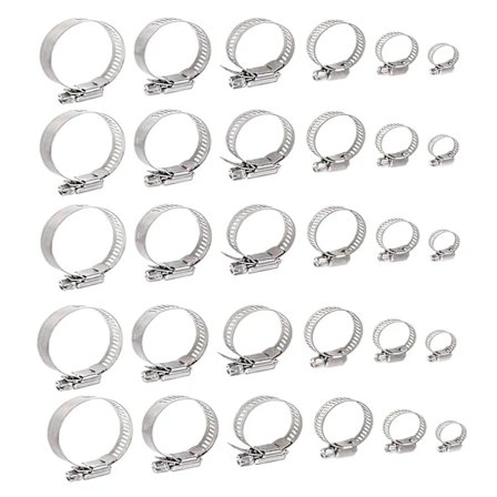 30 stk. slangeklemmer 8-51 mm interval, 6 størrelser justerbart slangeklemmesæt i rustfrit stål til brændstofledning, VVS, bil, opvaskemaskine, 