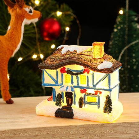 Julepynt Jul Vinter Landsbyhus Sett Led Opplyste Gjør-det-selv Julefigurer Jul Miniatyr Resin Ornament Kit Jul Cedar