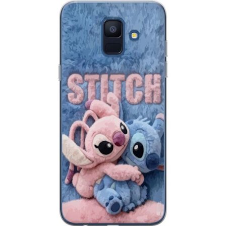 Kompatibelt Mobilskal till Samsung Samsung Galaxy A6 (2018) Söta fluffiga Stitch och Angel kramas på ett mjukt pälsigt underlag med pastellfärger