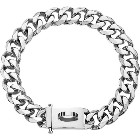 Silver Dog Chain Collar Metal Chain Collar med design Säker spänne Cuban Link Chain 19MM Stark Heavy Duty Chew Proof Walking Collar för små medelstora