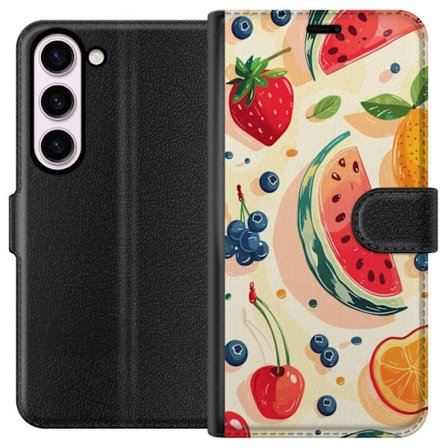 Kompatibel Tegnebogsetui til Samsung Galaxy S23 Legesyg frugtillustration med vandmelon, citrus, jordbær, kirsebær og bær