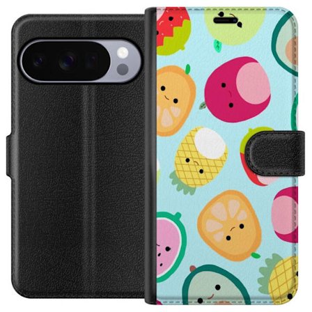 Kompatibel Tegnebogsetui til Google Pixel 10 Pro Mønster af kawaii frugter som jordbær citron ananas og avocado på lyseblå baggrund