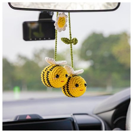 Sød Bi Bil Charm Håndlavet Hæklet til Bakspejl, Unikke Bil Tilbehør til Kvinder og Mænd, Holdbar Bil Interiør Dekoration