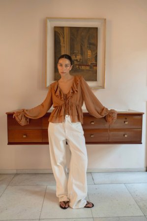 NA-KD Blouse en mousseline à manches longues et volants - - Marron - EU 38