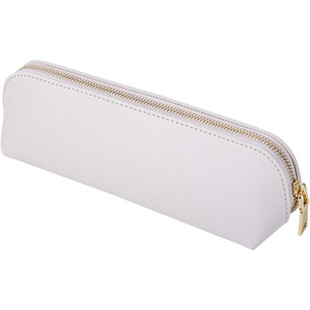 Penneveske i skinn, ultratynn design, pennepose med metallglidelåslomme, egnet for studenter, kontor, høyskole, ungdomsskole Off-White