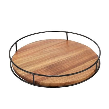 Puinen tarjotin, rustiikkinen pyörivä tarjoilualusta, järjestäjä rautareunoilla, kakkutarjotin kotiin, keittiöön, kylpyhuoneeseen