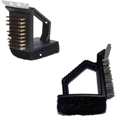 2 stk. børste, rustfritt stål skrape, messingtrådbørste og svamp 3-i-1 grillrengjøringsassistent. Grillbørste i rustfritt stål