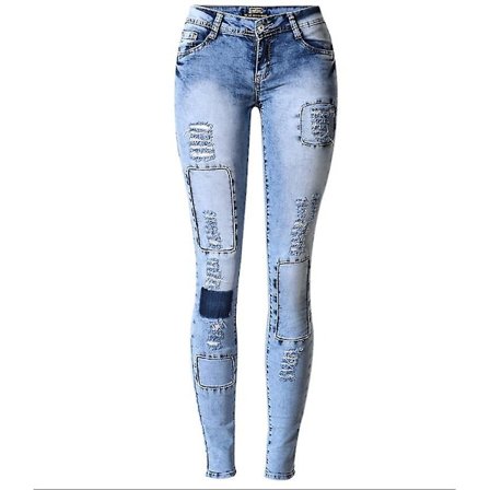 Sexig blå jeanstyg Patch Distress Skinny Stretch Jeans