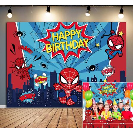 Superhjälte Bakgrund Grattis På Födelsedagen Cartoon Tema Fest Dekoration Barn Pojkar Stadsbild Blå Rand Fotografi Bakgrund Banner (7x5FT(210x150cm))