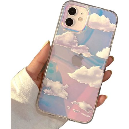 Phone Hard Case Kompatibel med iPhone Case Slim Cystal Clear Holographic White Cloud Women Girls, Hard PC Shockproof Protective Design