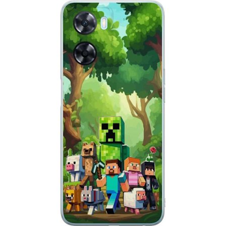 Kompatibel Mobilcover til OnePlus Nord N20 SE Klodset pixeleret spilverden med grønne figurer og dyr i frodig skovmiljø