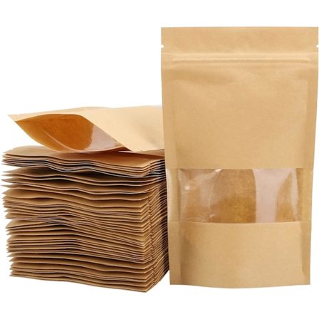 100 stk. gjenlukkbare poser 15 cm x 22 cm stående kraftpapirposer med frostet vindu, ziplock-matposer