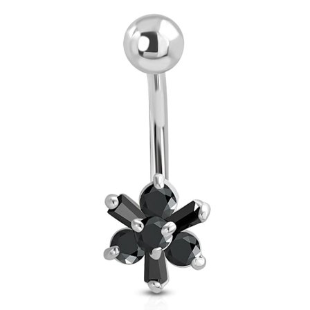 Navelpiercing Navel Piercing i Kirurgiskt Stål 316L i Silver Färg - Blomma med Svarta CZ Cubic Zirconia