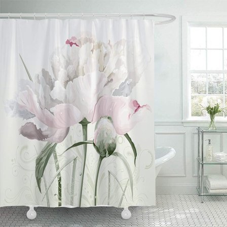 Akvarell rosa blommigt och fågel duschdraperi, mjuka färger, vattentätt polyestertyg, med 12 krokar, lämpligt för badrumsbruk