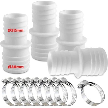 Sæt med 4 Swimmingpool Slangekoblinger, Slangekobling med Klemmer, Ø 32 mm til 38 mm Diameter med 8 Klemmer, Swimmingpool Slangeadapter, 