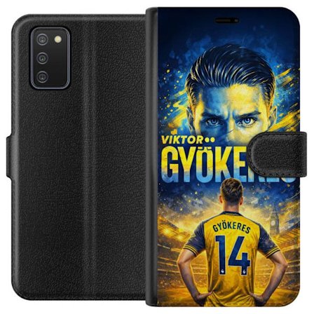 Kompatibelt Lommeboketui til Samsung Samsung Galaxy A02s Viktor Gyökeres fotballplakat i gult og blått med dramatisk stadionbakgrunn, sportillustras