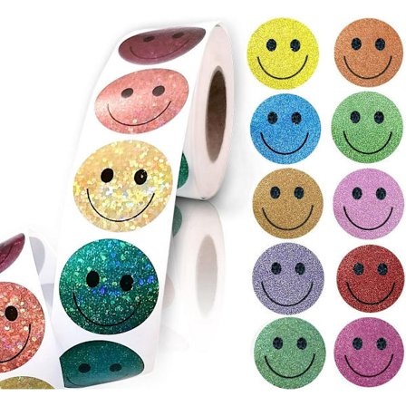 Glitterklistermærker med prikker og smileys - 500 ark 2,5 cm, 10 farverige glitterprikker og glitterklistermærker - Klasseværelsesmaterialer til 