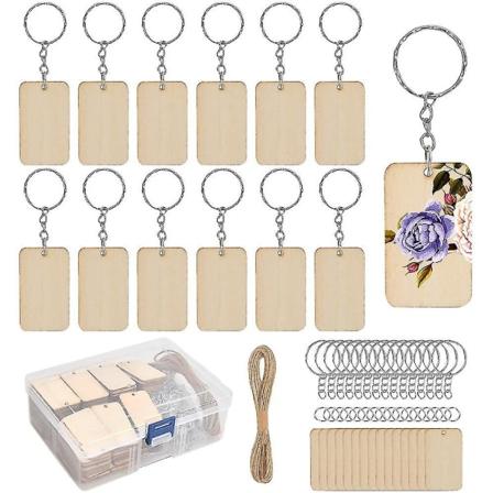 80 stk. Rektangulære Treetrehåndverksetiketter, Rektangulære Trestykker med 80 stk. Nøkkelringer og 10 m Hampetau for Håndverk DIY, Hengende 